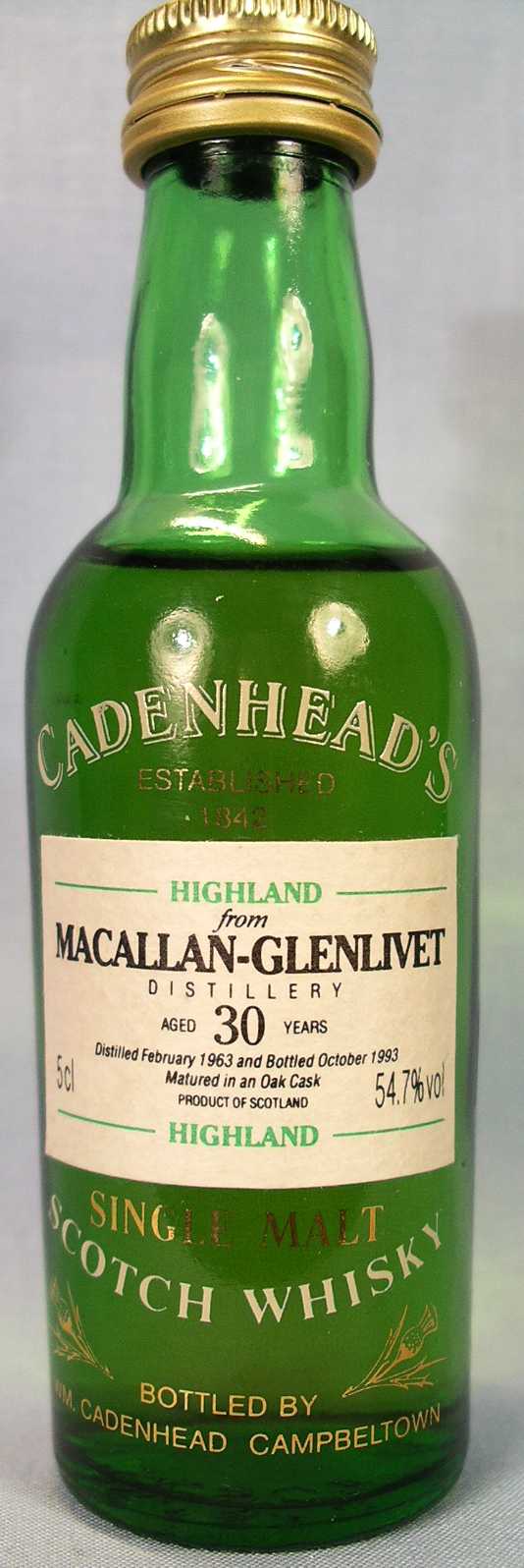 CADENHEAD'S - MACALLAN-GLENLIVET - S.M.S.W. - HIGHLAND - DIST. -/02/63 BOT. -/10/93